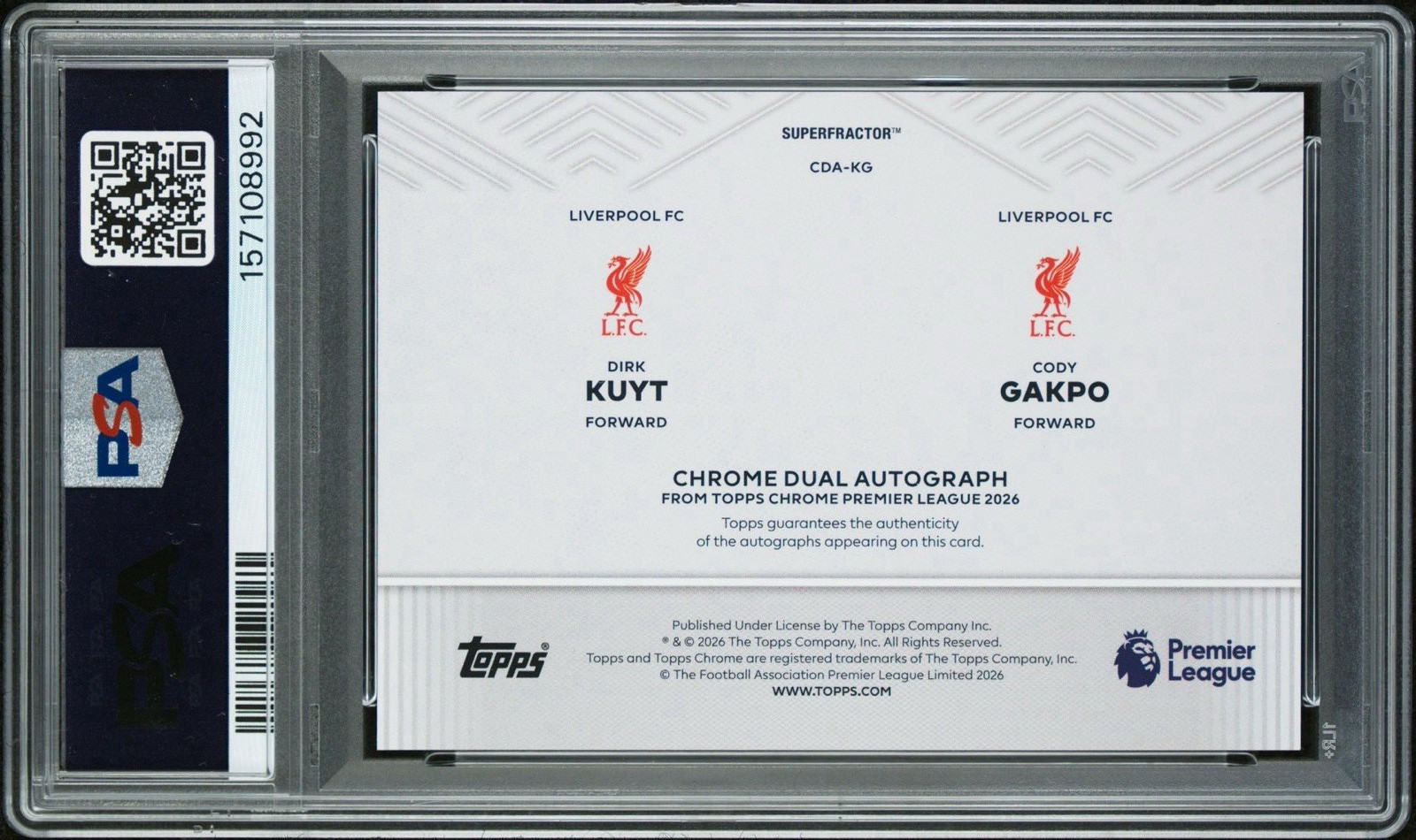 2025-26 Topps Chrome Premier League Gakpo Kuyt Auto Superfractor 1/1 PSA 10 GEM view 2