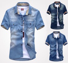 Mens Short Sleeves Denim Shirts Jeans Casual Slim Washed Vintage Camisas Shirts