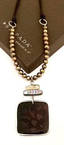 SILPADA Sterling Silver ETCHED SHELL-PEARL & ABALONE Leather Necklace~#N1803 - Afbeelding 1 van 5