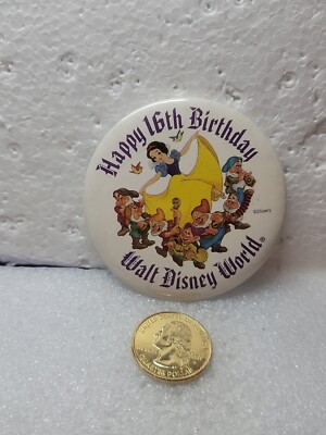 Happy 16th Birthday Walt Disney World Snow White 7 Dwarfs Button