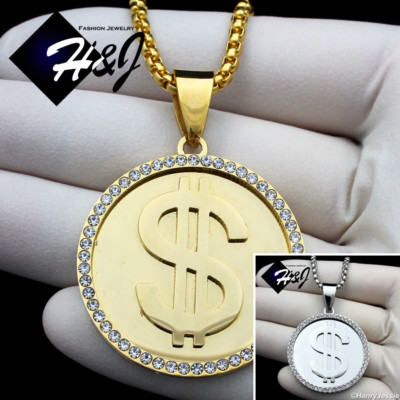 18-36''MEN Stainless Steel 3mm Silver/Gold Plated Box Chain CZ $ Sign Pendant*110