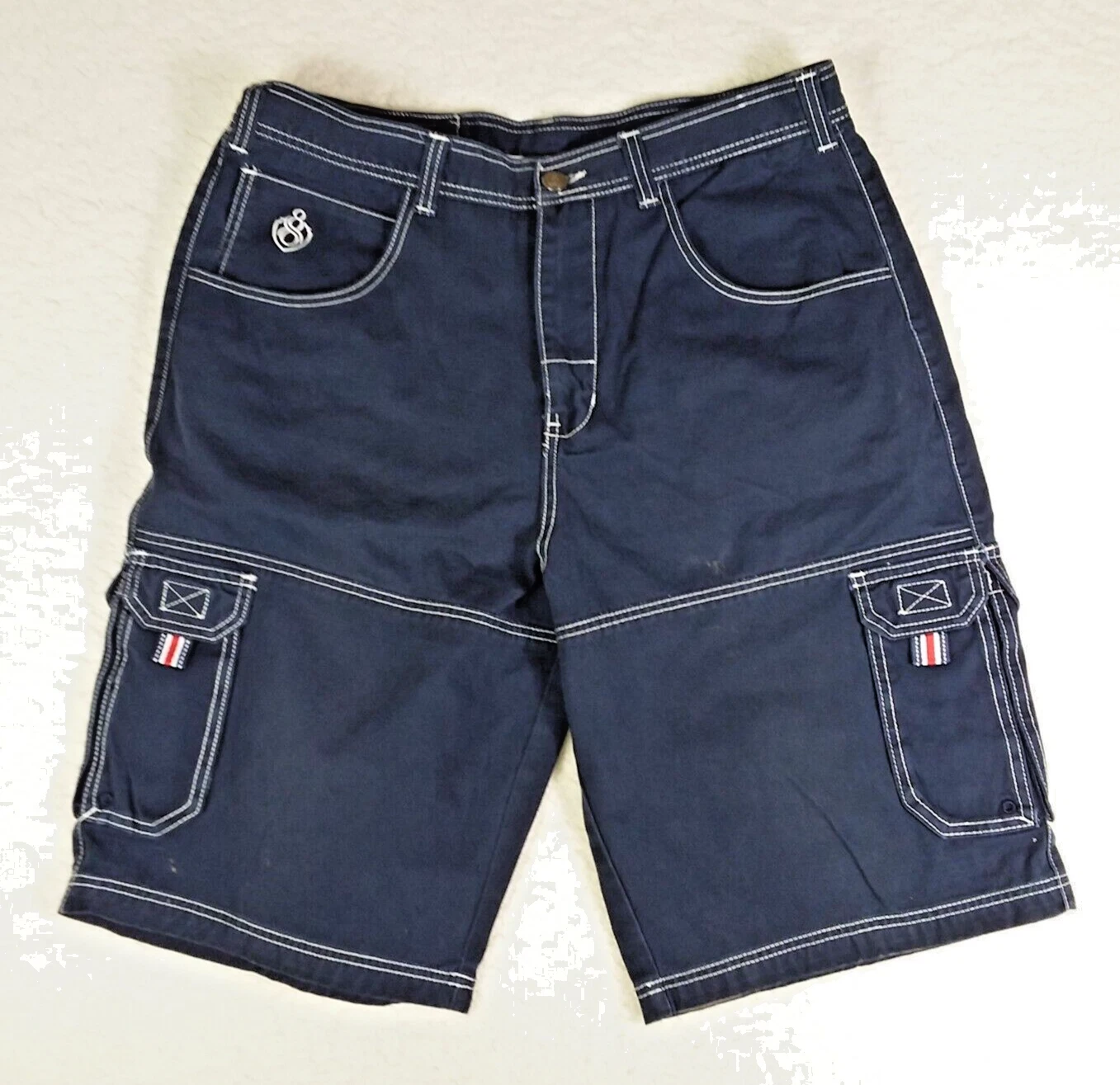 Eight 732 Cargo Shorts Navy Blue Mens 38 Waist 13.5 Inseam Embroidery VTG *READ*