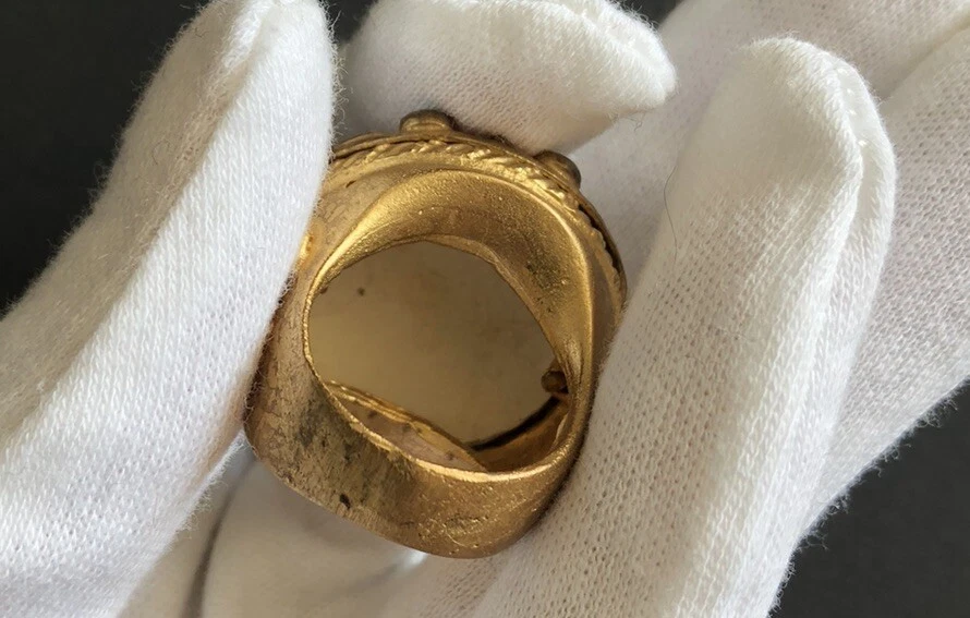 Ancient jewelry inspired 24K Gold Plated Brass Ring, Pearl, Turquoise Stone Sz 8 - Image 3 of 4