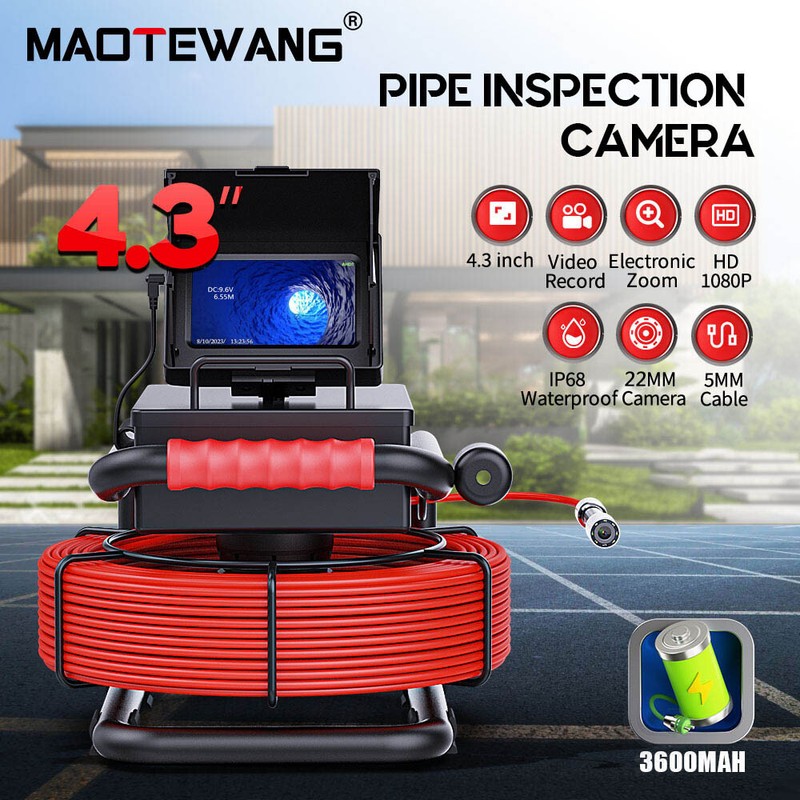 30M Sewer Camera 4.3" LCD Monitor HD Drain Pipe Inspection Camera 16GB DVR 22MM
