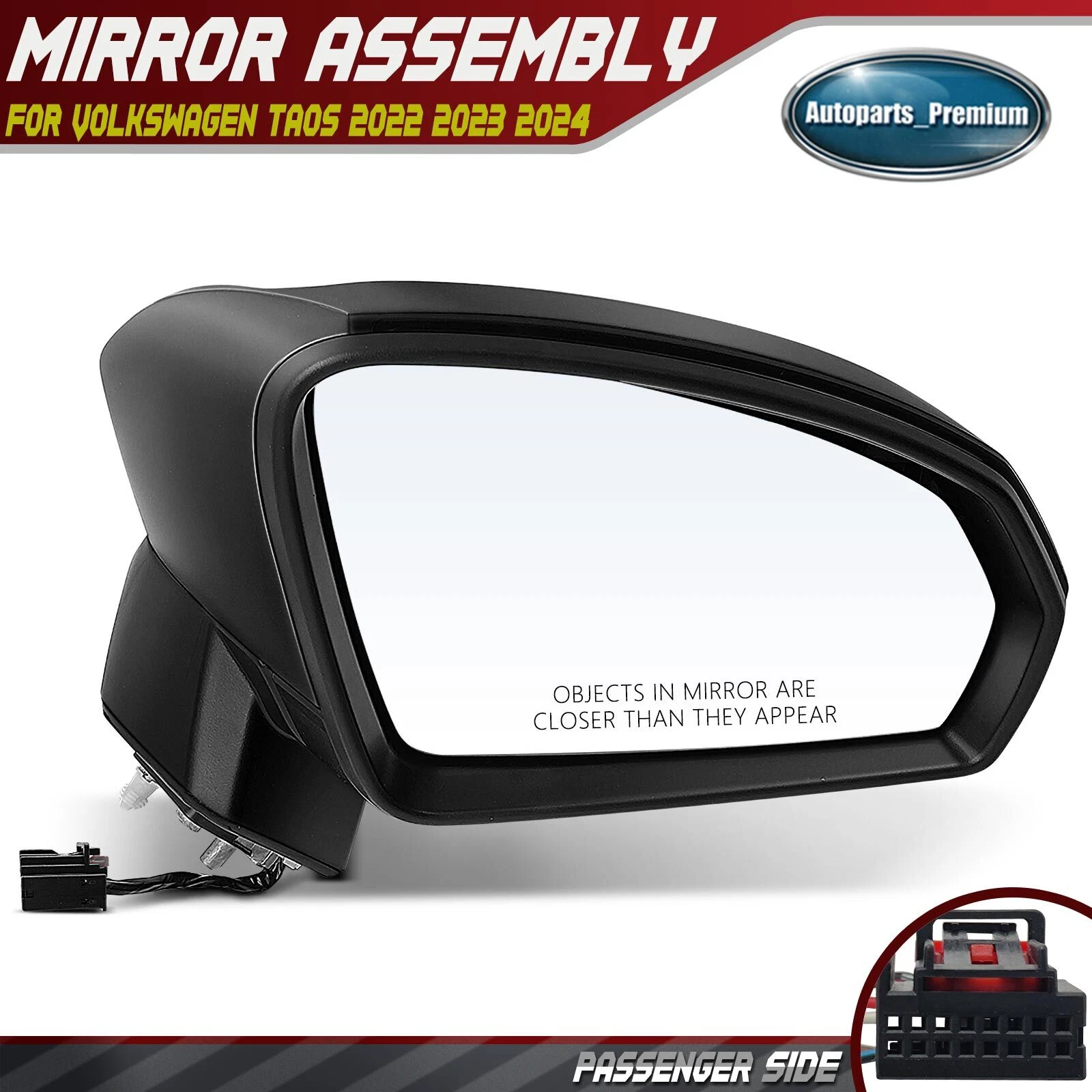 Passenger Black Power Heated Mirror with Manual Folding for VW Taos 2022-2024