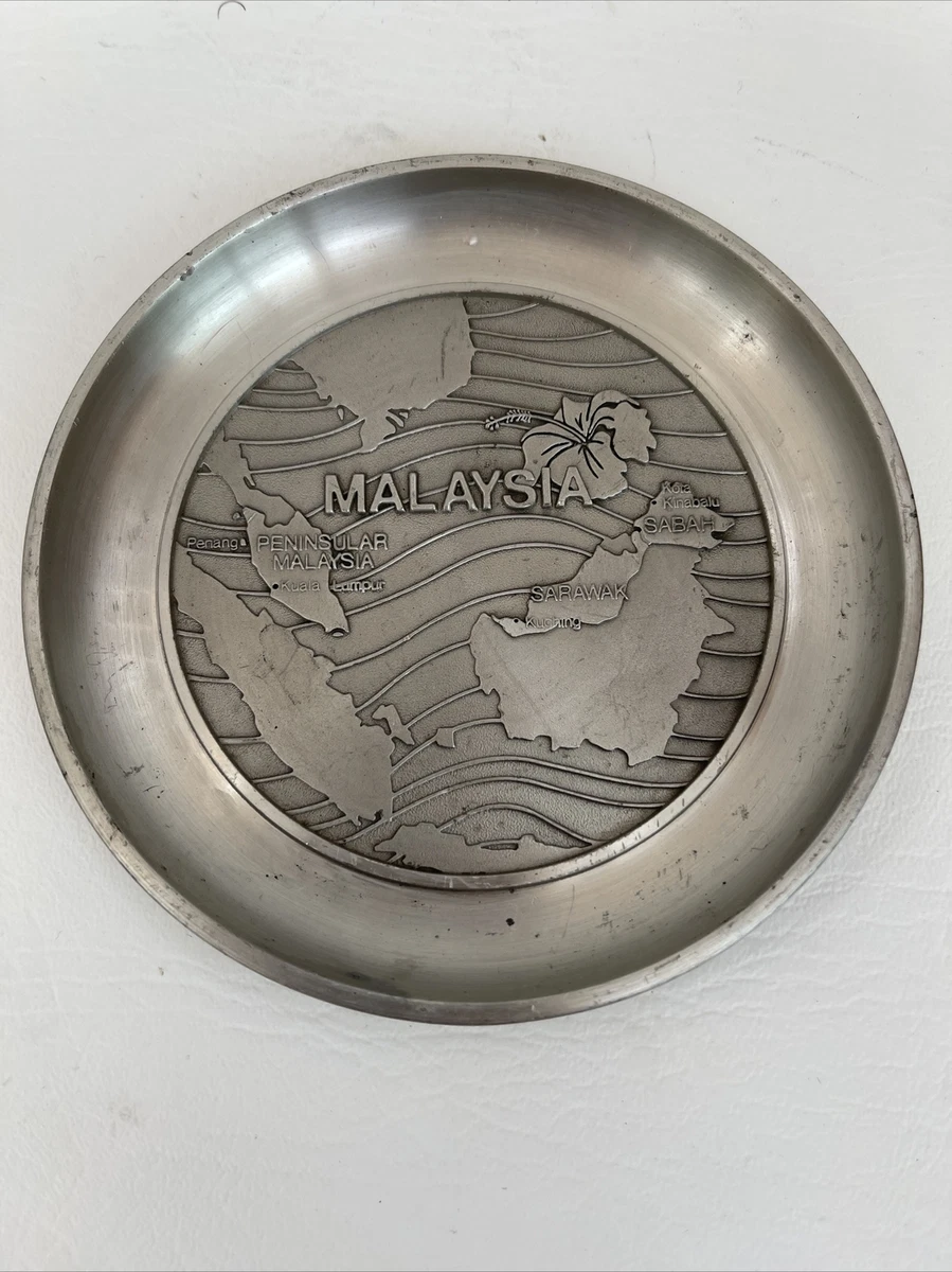 Vintage Royal Selangor Pewter Malaysia Map Continent Dish Hibiscus 5”