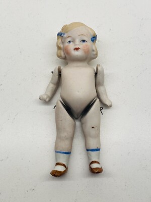 Antique Pudgy Tummy Blue Bow Mignonette Jointed Miniature Bisque 5  Doll German