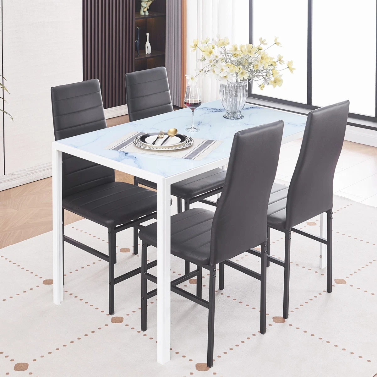 White Marble Glass Dining Table 4x Black Faux Leather Footrest Dining Chairs Set