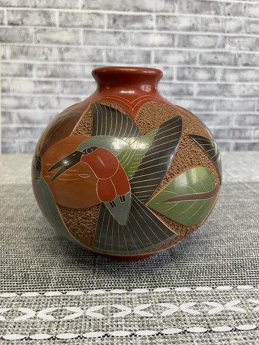 Vaso in ceramica Nicola Nicaragua uccellino inciso intagliato - Foto 5 di 12