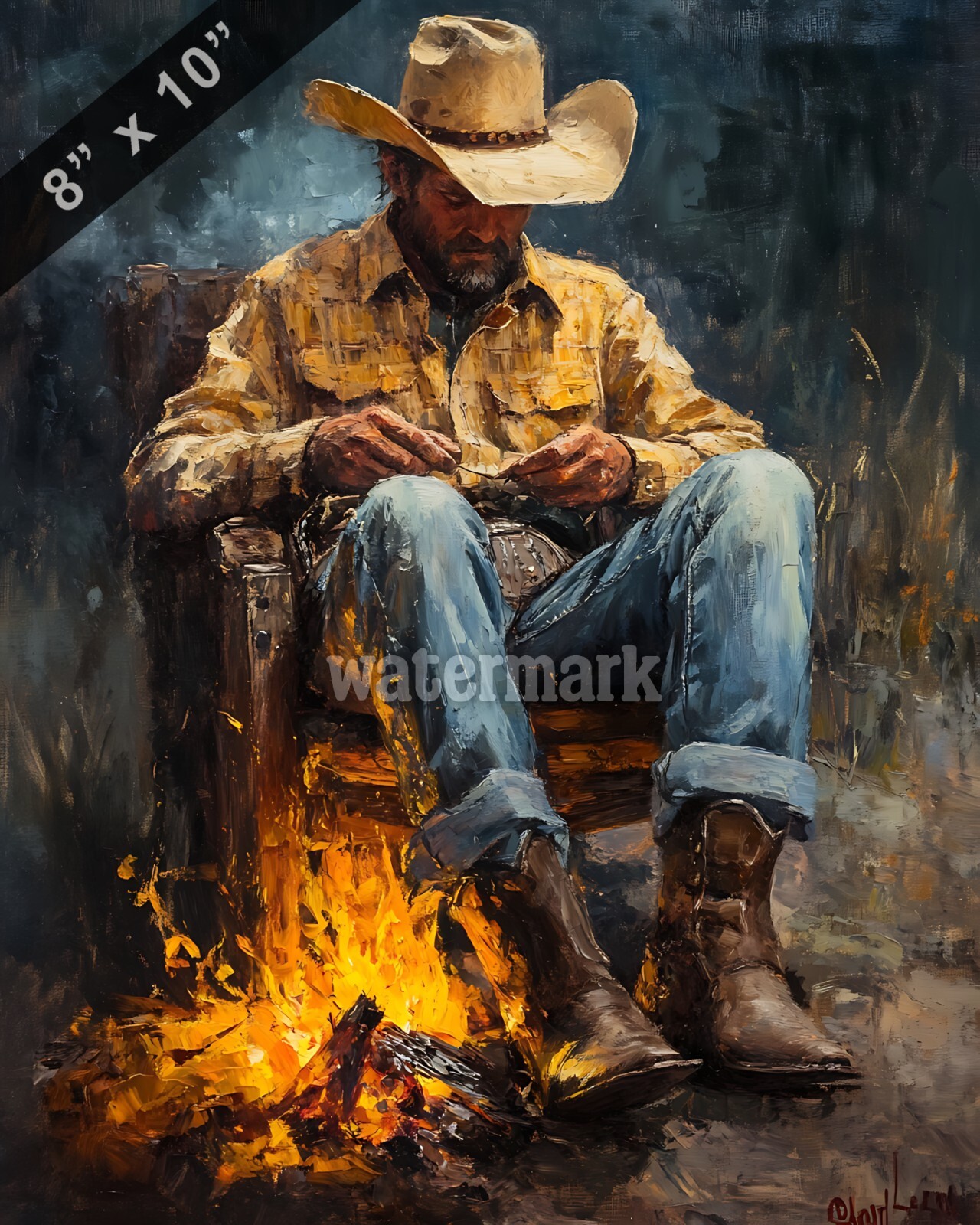 Un vaquero reparando sus botas por el fuego pintura al óleo impresión 8x10