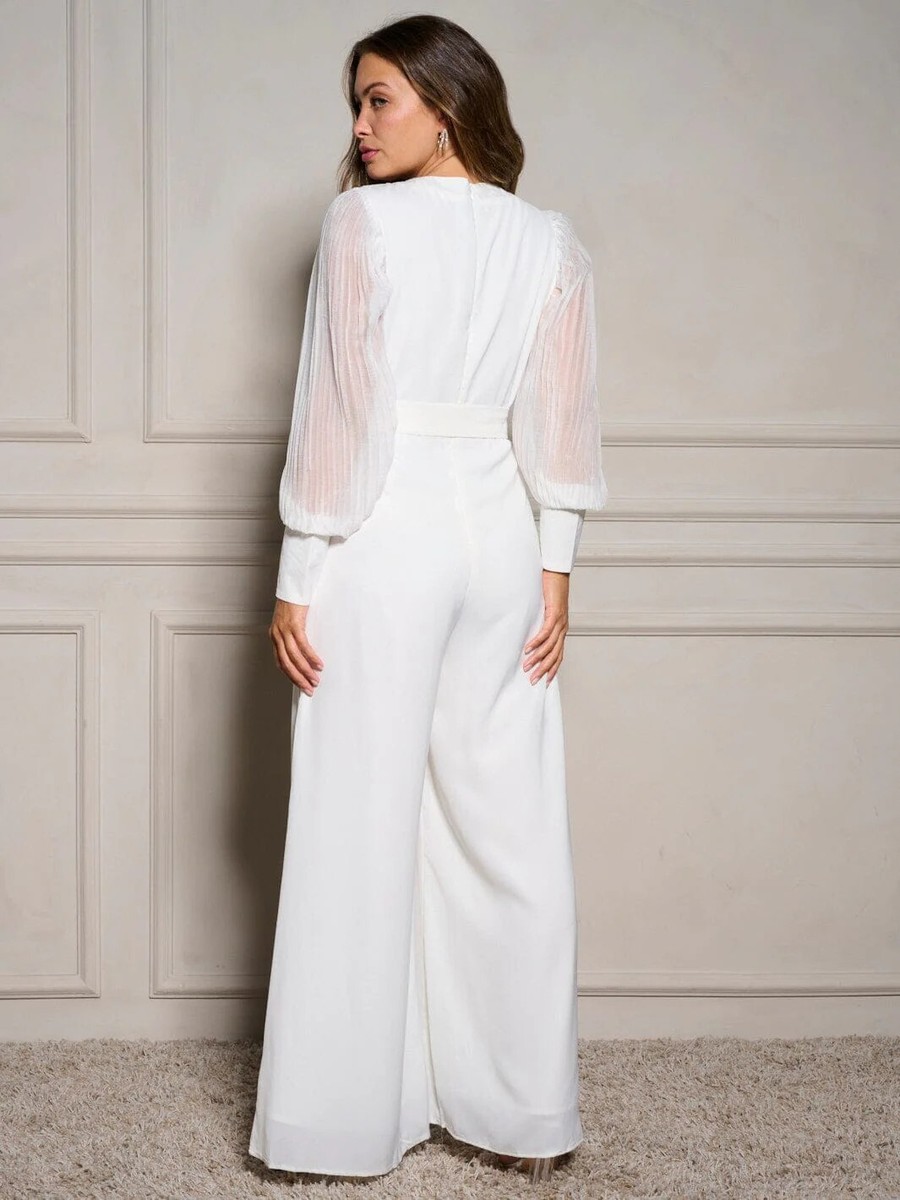 White Long Sleeve Wide Leg Jumpsuit Size Large Sheer Sleeve
