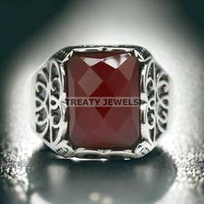 Garnet Emerald Cut Gemstone With 925 Sterling Silver Ring For Men's 662