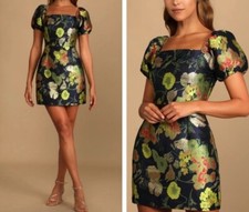 NWT Lulus So Stunning Navy Blue Gold Floral Jacquard Puff Sleeve Mini Dress M