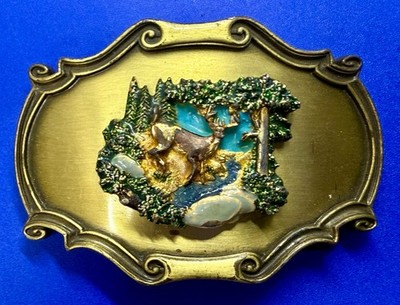 Gorgeous Dear in Nature Scene Vintage 1978 Raintree Western framed Belt Buckle