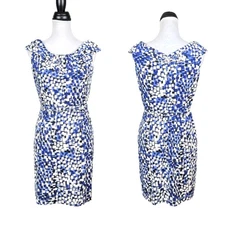 David Meister 8 Blue Geometric Print Cap Sleeve Jersey Belted Sheath Dress