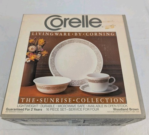 Vintage Corelle Livingware Set Woodland Brown Service For 4  16pc.  NEW in Box
