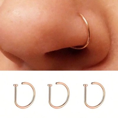 3Pcs 20G Stainless Steel D Shape Thin Nose Ring Screw Hoop Curved Barbells Fake
