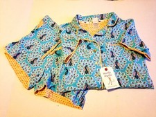 MWT Munki Munki Womens Aqua  Yellow Peacock Print Jersey Shorr Pajamas Set L