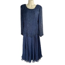 Vintage Peak Evenings Dress Womens 8 Navy Hand Beaded Long Sheer Sleeves Maxi