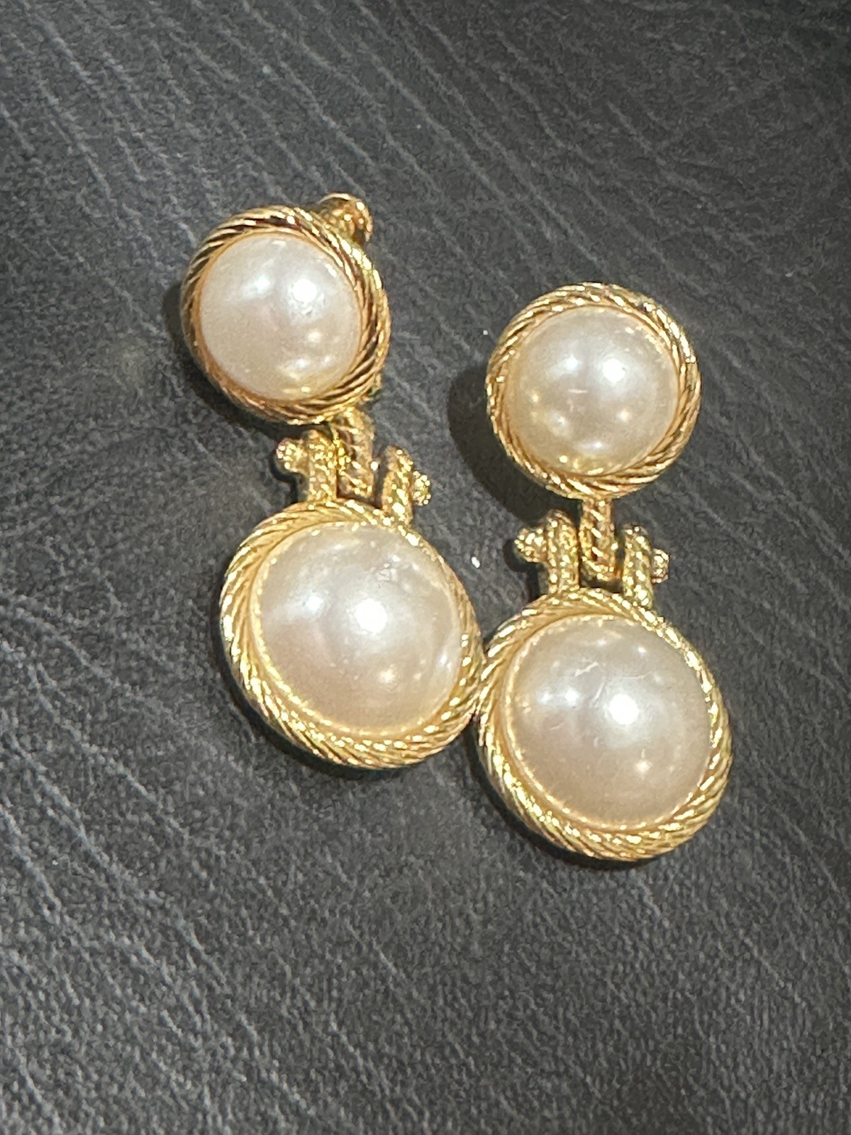 Vintage Gold Tone Double Imation Pearl  Cabochon Drop Clip On Screwback Earrings