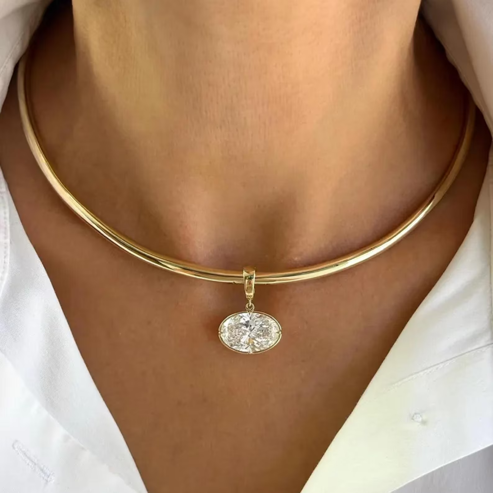5.60 Ct East West Oval Diamond Pendant 14K Yellow Gold Over Charm Prong Necklace