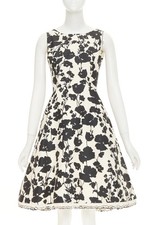 OSCAR DE LA RENTA R08  poppy floral black white silk feather hem dress US0 XXS