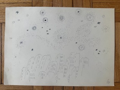 Vintage 1990s Ink Paper Drawing City at Night  Signed Dated 11.5 x 16 Outsider