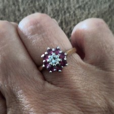 9ct Gold Ruby Cluster Ring, Round Diamond Centre Stone, Size O