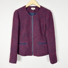 Loft Tweed Blazer Jacket Blue  Red Zip Front Winter Wool Blend Size 4 Women's