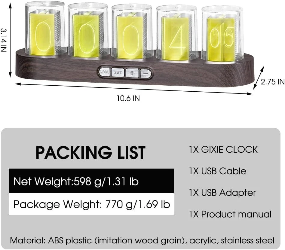 发光管时钟 创意复古数字变色时钟。 (仿木纹) — 第 2/4 张图片