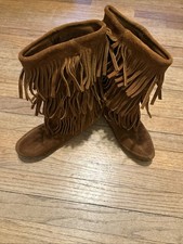 Minnetonka 1632 Moccasin Boots 3 Layer Fringe Chestnut Brown Suede Size 8 Good