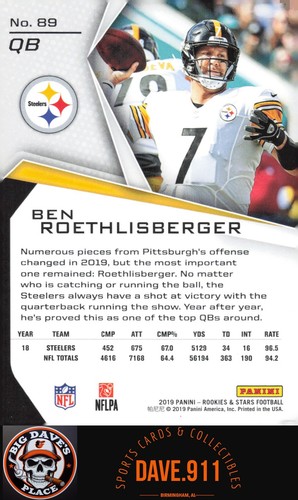 Ben Roethlisberger 2019 Panini Rookies & Stars #89 Pittsburgh Steelers - Picture 2 of 2