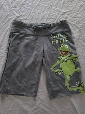 The Muppets Kermit the Frog Think Green Gray Fleece Shorts Drawstring S 10'' 2007