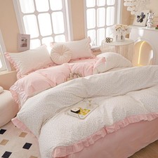 Duvet Cover Queen Size Romantic Pink Floral with Ruffle 100 Cotton Set, 3 Pcs