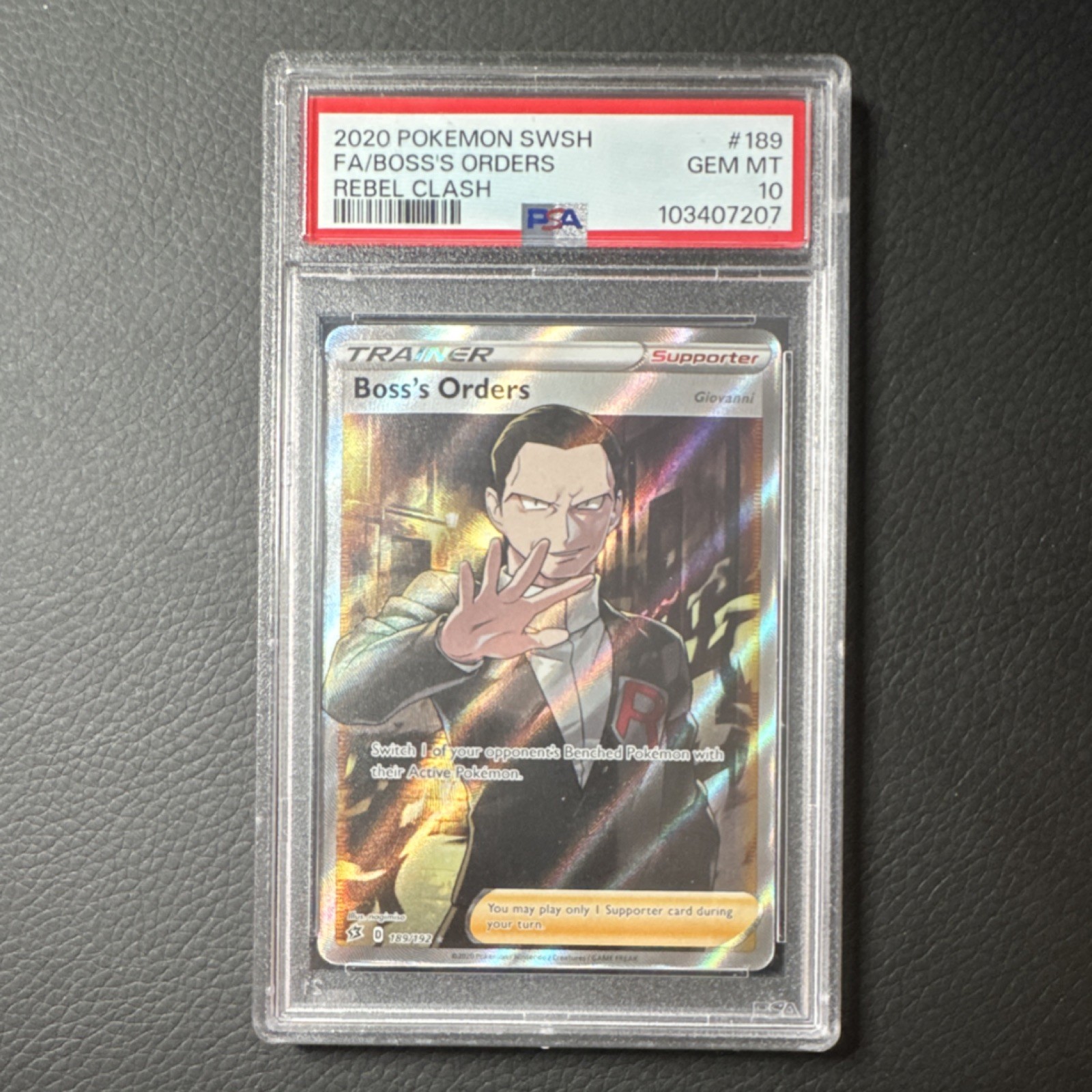 Swsh02 Rebel Clash Boss's Orders 189/192 Full Art Ultra Rare Holo PSA 10 2020