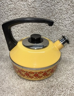 Vintage 70s Austria Email Yellow Floral Enamel Whistling Tea