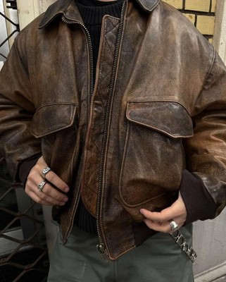 Vintage Distressed Brown Leather Jacket   Retro 90s Aviator Style for Men