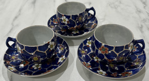 Japanese Hand-Painted Tea Cup & Saucer mark Mt Fuji and Cherry Blossom set of 3