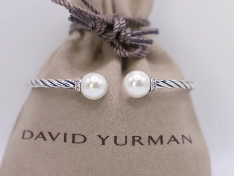 David Yurman Sterling Silver 3.5mm Solari Bracelet 9mm Pearl & Diamonds size M - Image 2 of 4