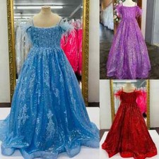 Lace Sequins Feather Little Kid Birthday Formal Party Wedding Runway Gown