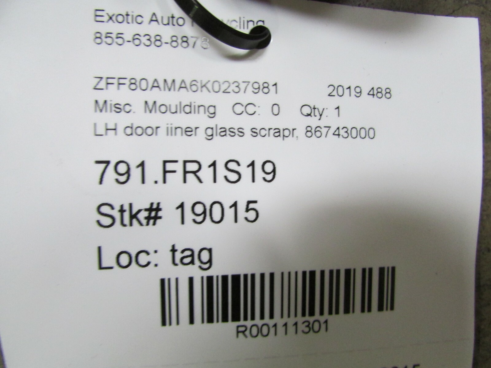 Ferrari 488, LH, Left Inner Door Glass Scraper, Used, P/N 86743000