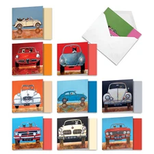 10 Assorted All Occasion Blank Note Cards Pack - Car Cats