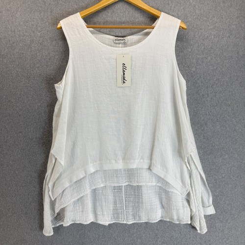 Ellamoda Damen weißes ärmelloses HiLo Leinen Tank Top lässig fließend Größe M/L neu mit Etikett
