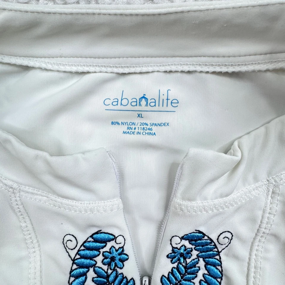 CabanaLife Ruched Rashguard Swim Cover Up White Blue Womens XL - Image 3 of 4
