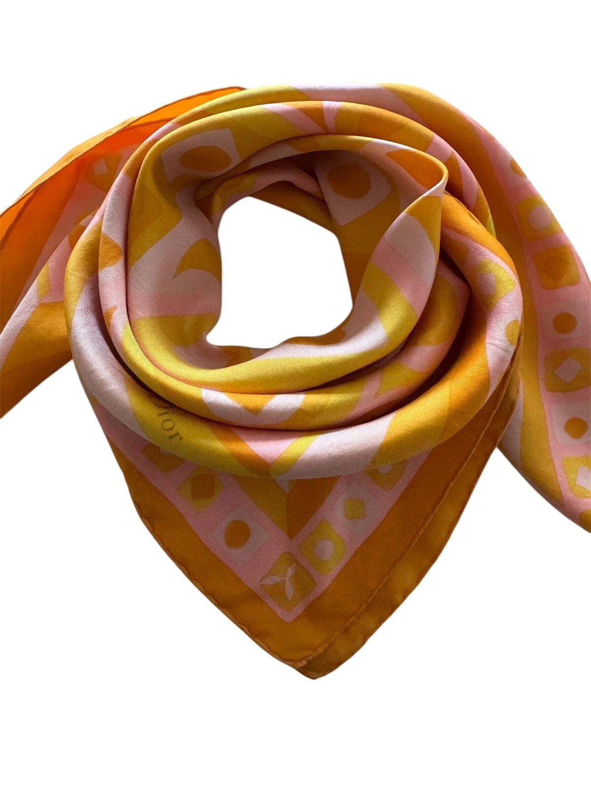 Foulard vintage 1980 Christian Dior 100% soie orange jaune rose pastel roulé main