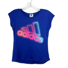 Adidas Shirt Youth Medium Purple Cap Sleeve Neon Logo Dry Fit Active Casual Tee