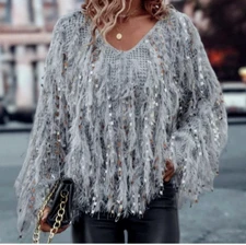 Gray Fringe Knit Sweater V-Neck long Sleeve Women's Size L