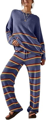 EVALESS 2 Piece LOUNGEWEAR Striped KNIT Sweater Pant SET Matching PAJAMA Lounge