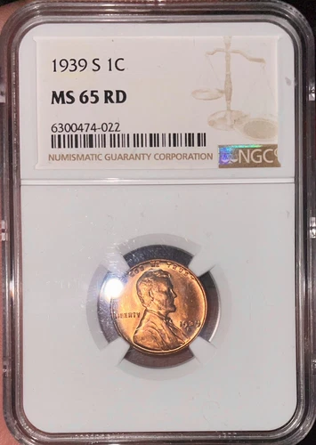 1939 S Lincoln Cent Penny, NGC graded MS 65 RD- Beautiful Red Gem!