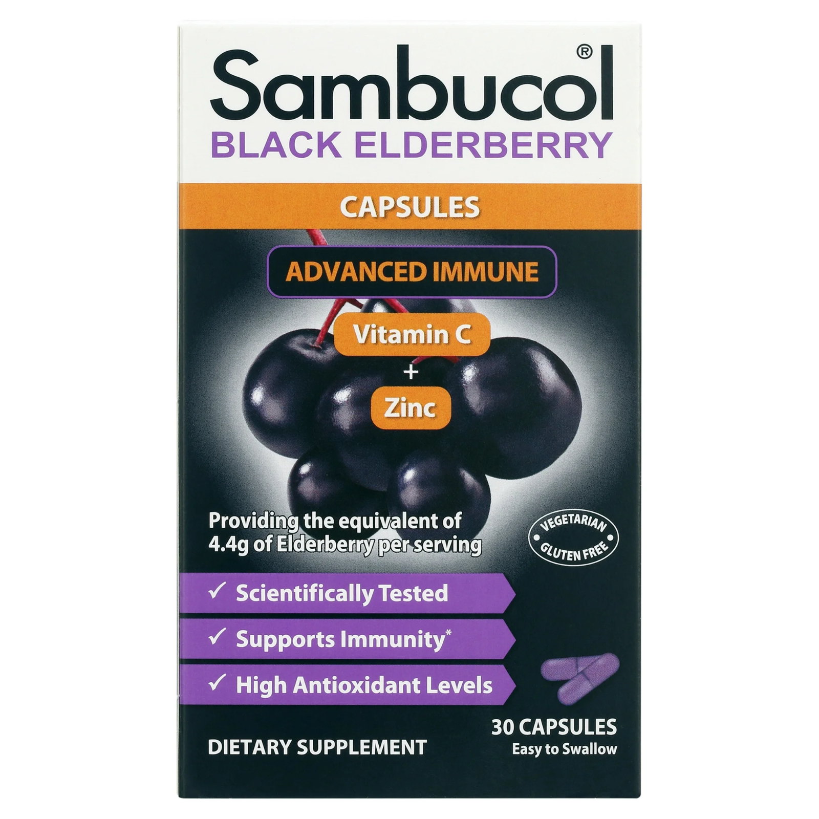 Sambucol Black Elderberry Advanced Immune Support Capsules with Vitamin C and Zi